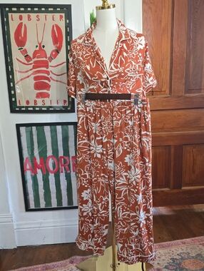 Women's Floral Pajama Set in Rust and White Two-Piece Lounge Set Xl Joyspun